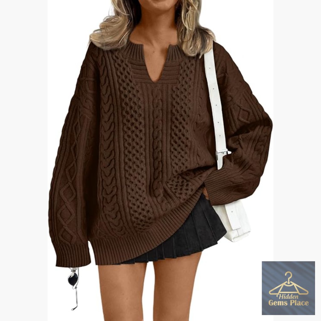Oversized V-Neck Cable Knit Sweater, Relaxed Fit, Polyester Blend
